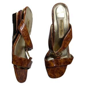 Vtg 1980s Carriage Court Brown Faux Patent Tortoiseshell Wedge Sandals Sz 7